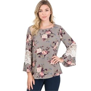 Grey with Pink and White Rose Print Blouse Sz M EUC